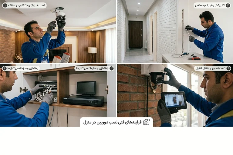 کابل‌کشی حرفه‌ای دوربین مداربسته داخل لوله فلکسی در مشاعات آپارتمان روی دیوار آجری.