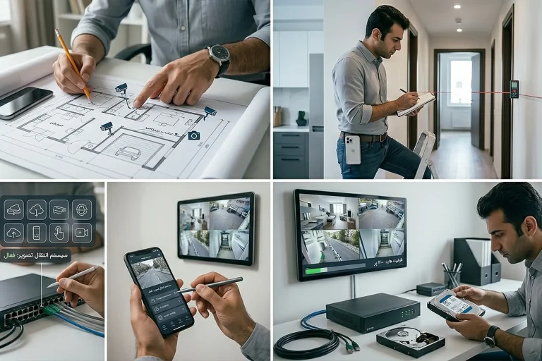 تکنسین در حال راه‌اندازی دستگاه DVR و تنظیم انتقال تصویر دوربین روی موبایل در رک مرکزی.